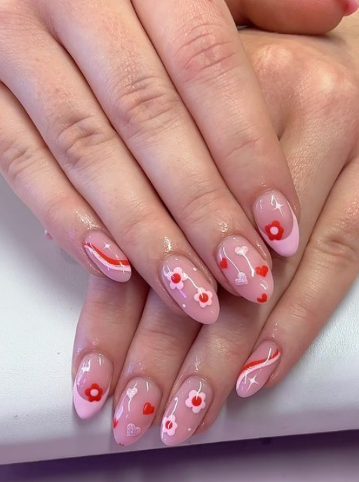 pink and red mismatched nails