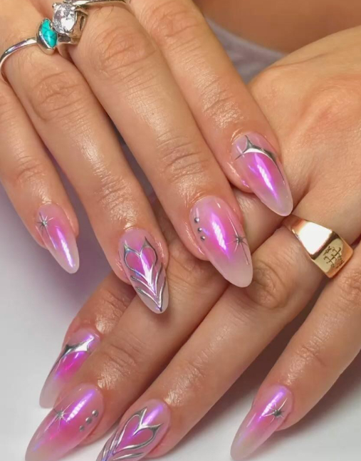 pink aura mismatched manicure