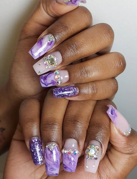 purple marble mismatched manicure