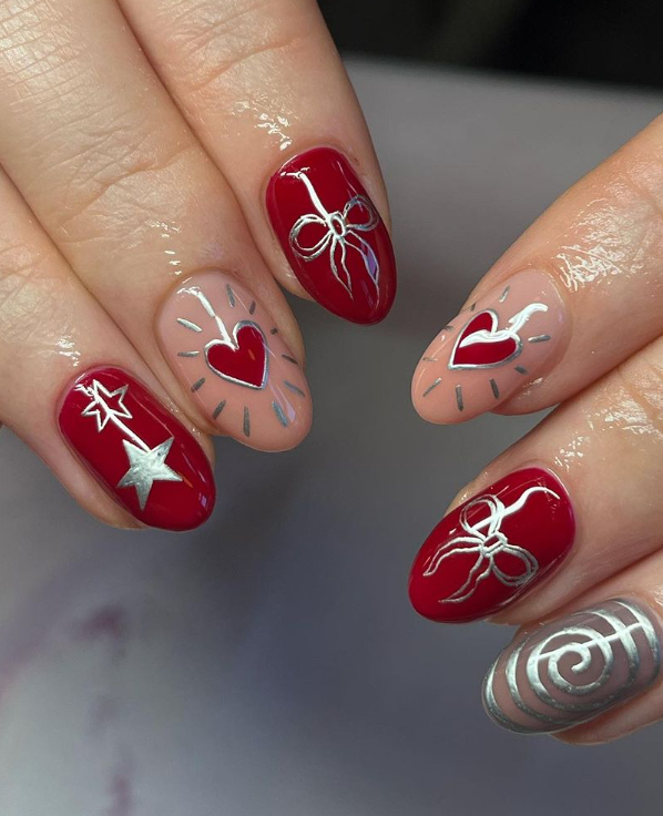 red and silver mismatched manicure