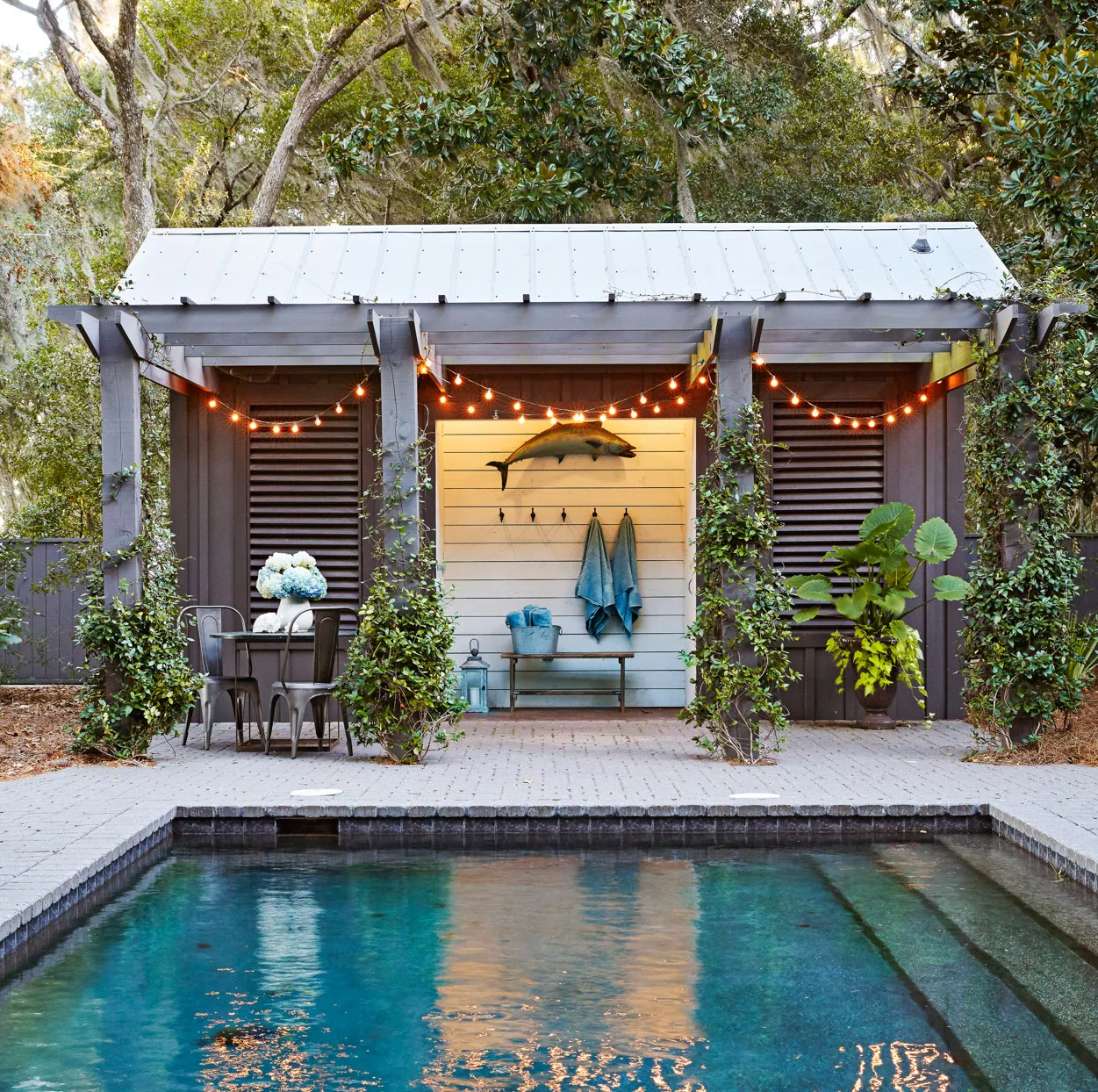 small building next to pool