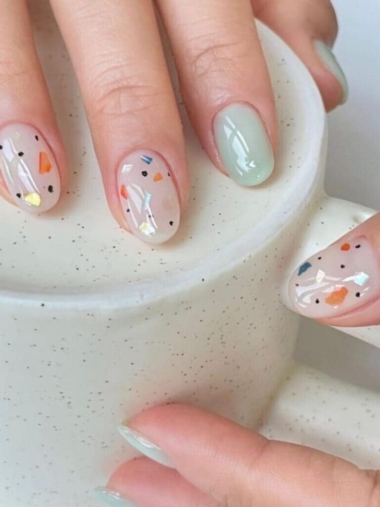 summer Korean nail design: mint terrazzo 