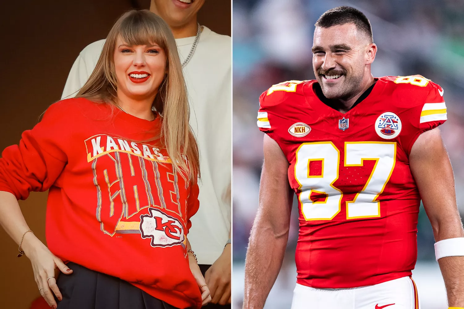 Taylor Swift and Brittany Mahomes react during a game between the Los Angeles Chargers and Kansas City Chiefs; Travis Kelce #87 of the Kansas City Chiefs looks on prior to the game New York Jets at MetLife Stadium 