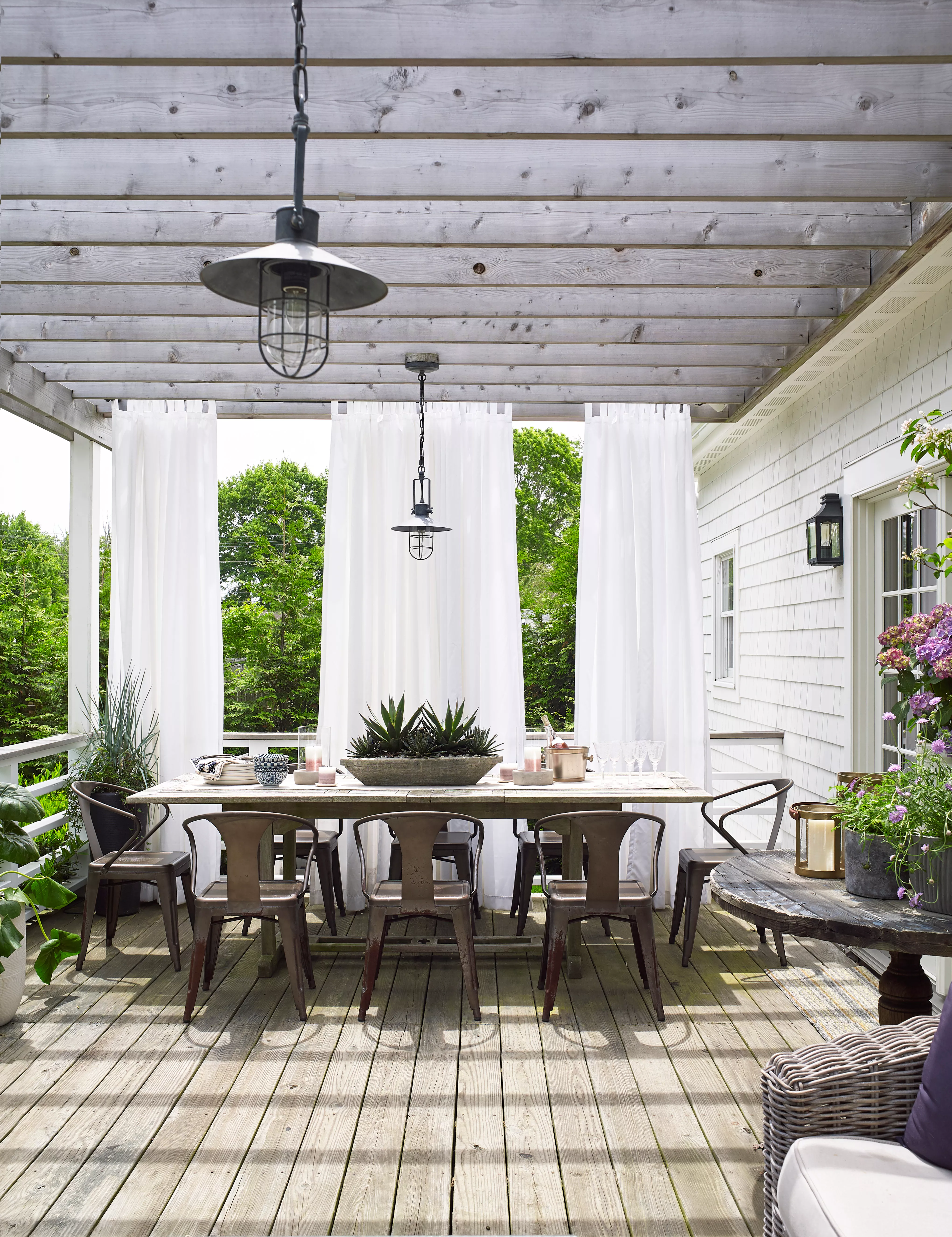 outdoor curtains on wood deck