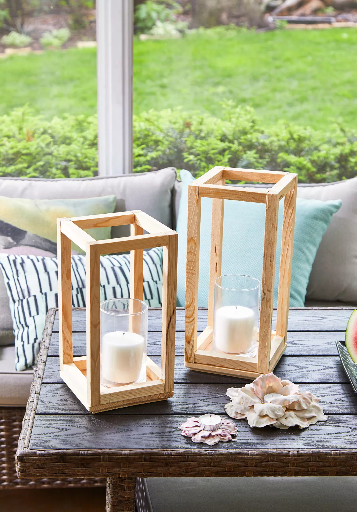 wooden candle holders on table