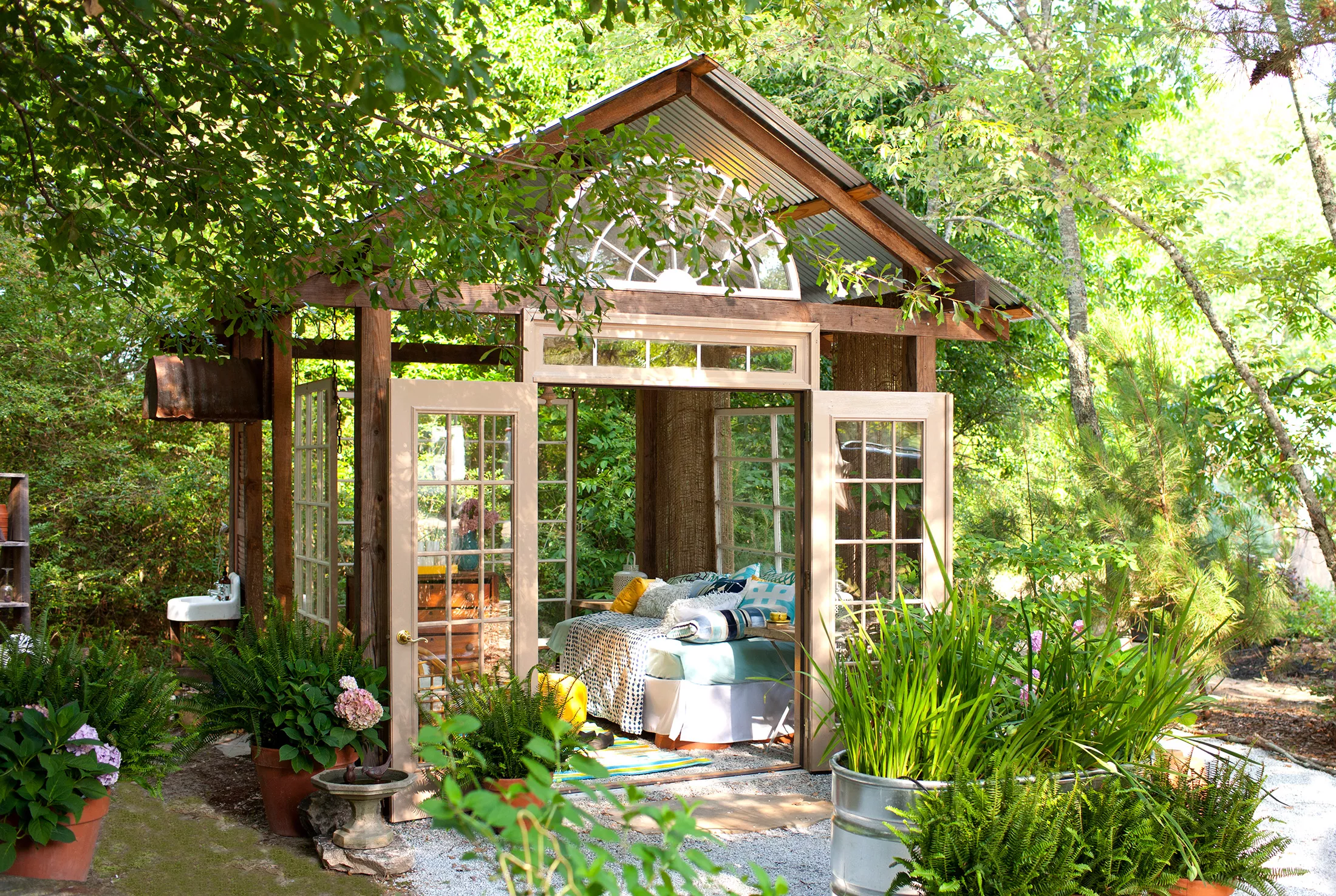 outdoor shed with couch inside