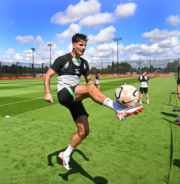 Dominik Szoboszlai of Liverpool during a training session at AXA Training Centre on August 09, 2023 in Kirkby, England.