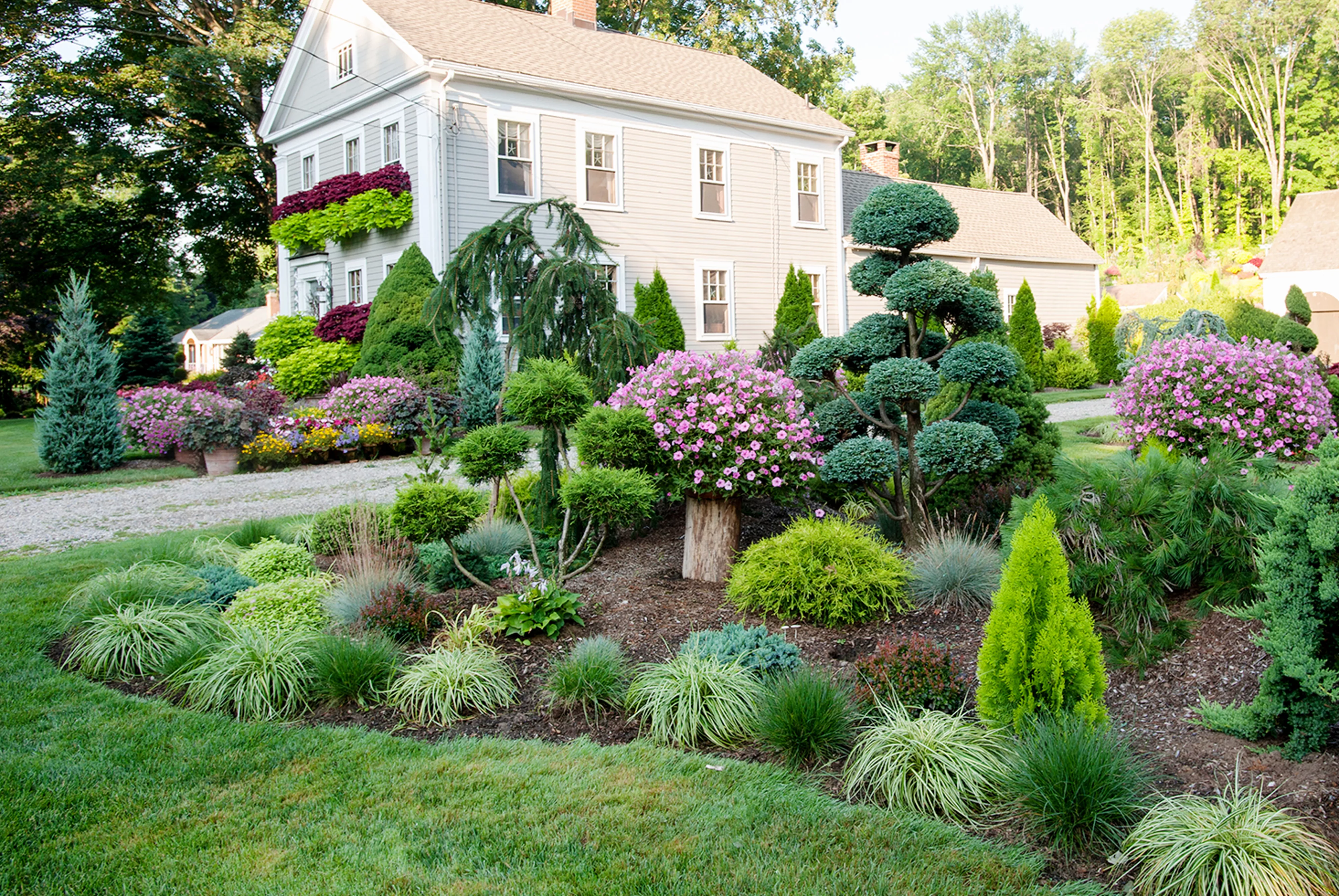 garden with various topiary trees and shrubs