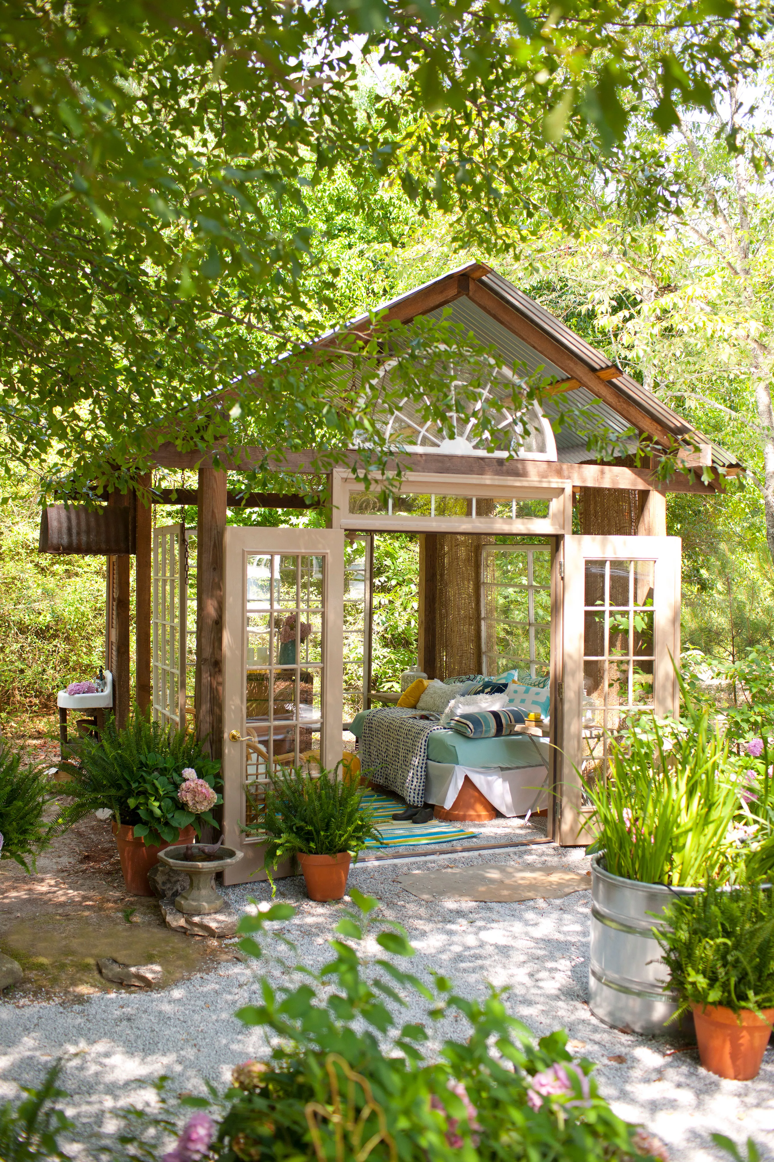 Wood gazebo made with antique windows