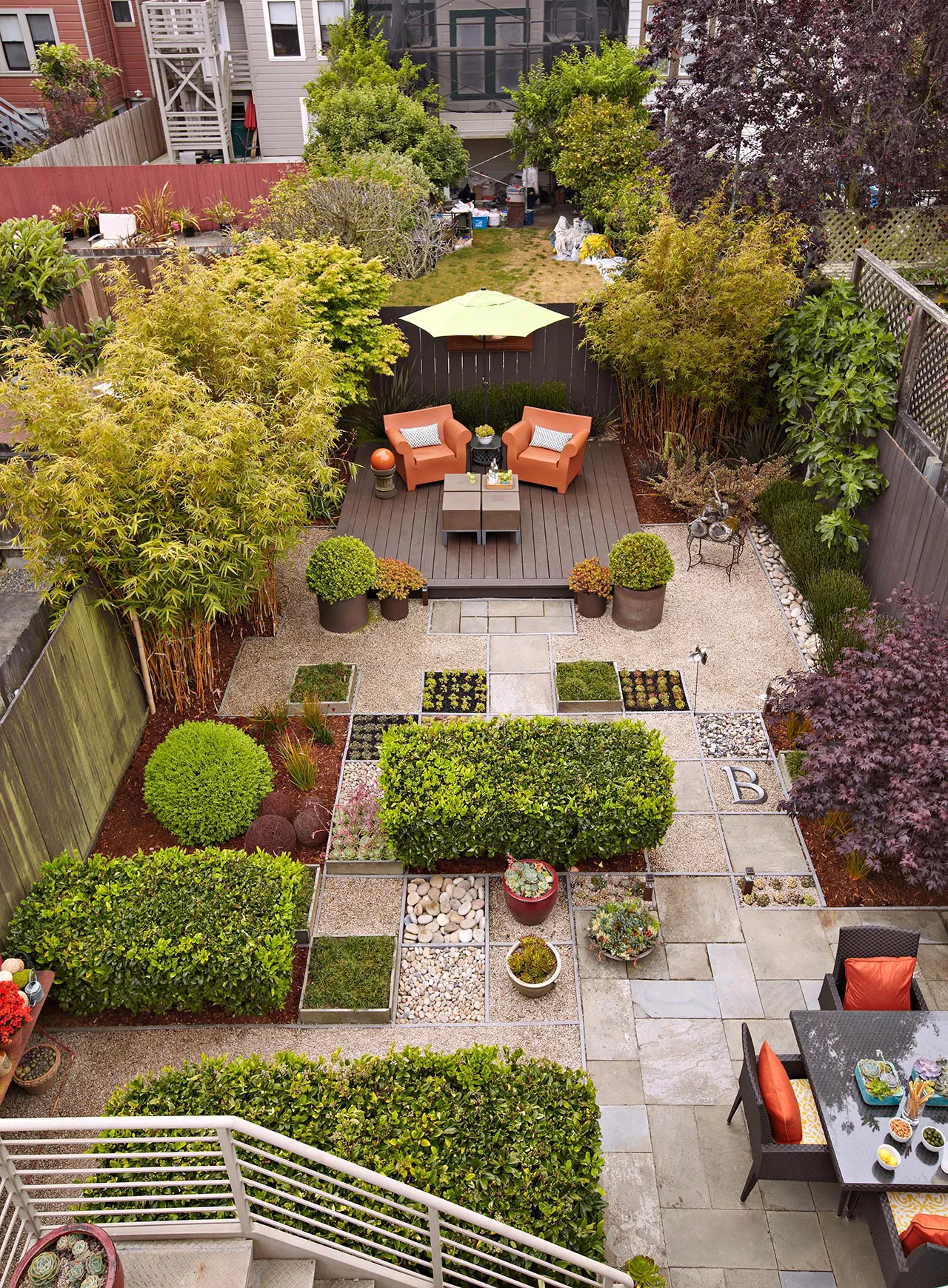 above view back yard patio garden landscaping