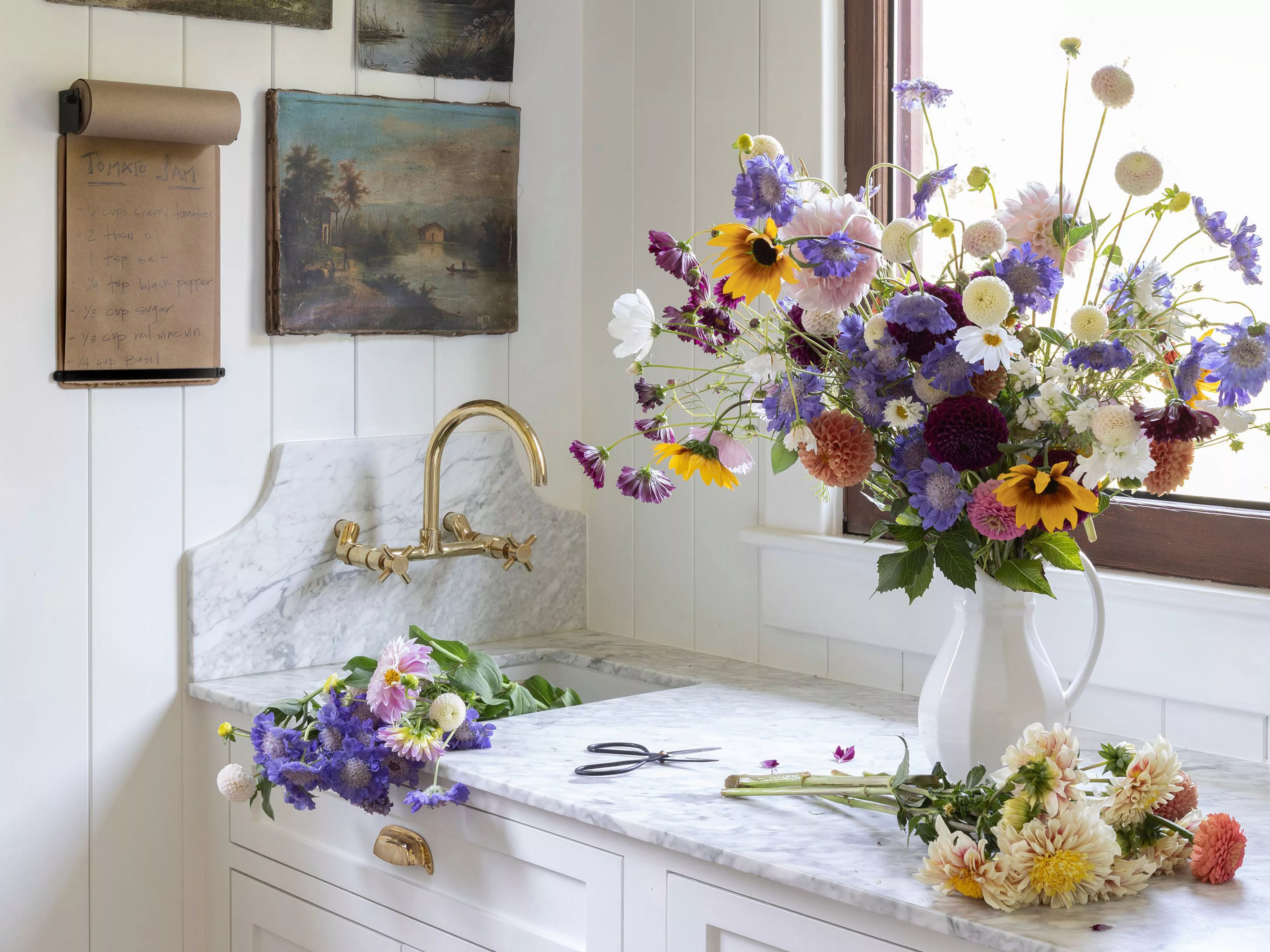 floral bouquet on bathroom counter