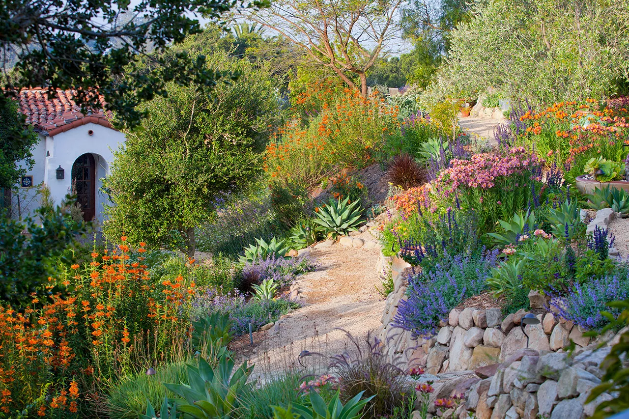 flower garden slope with gravel path