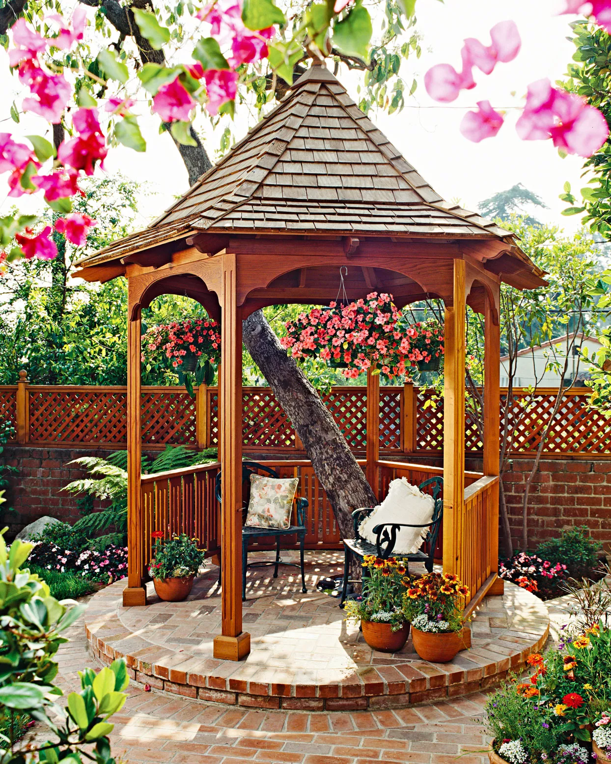 gazebo around tree with shake shingles