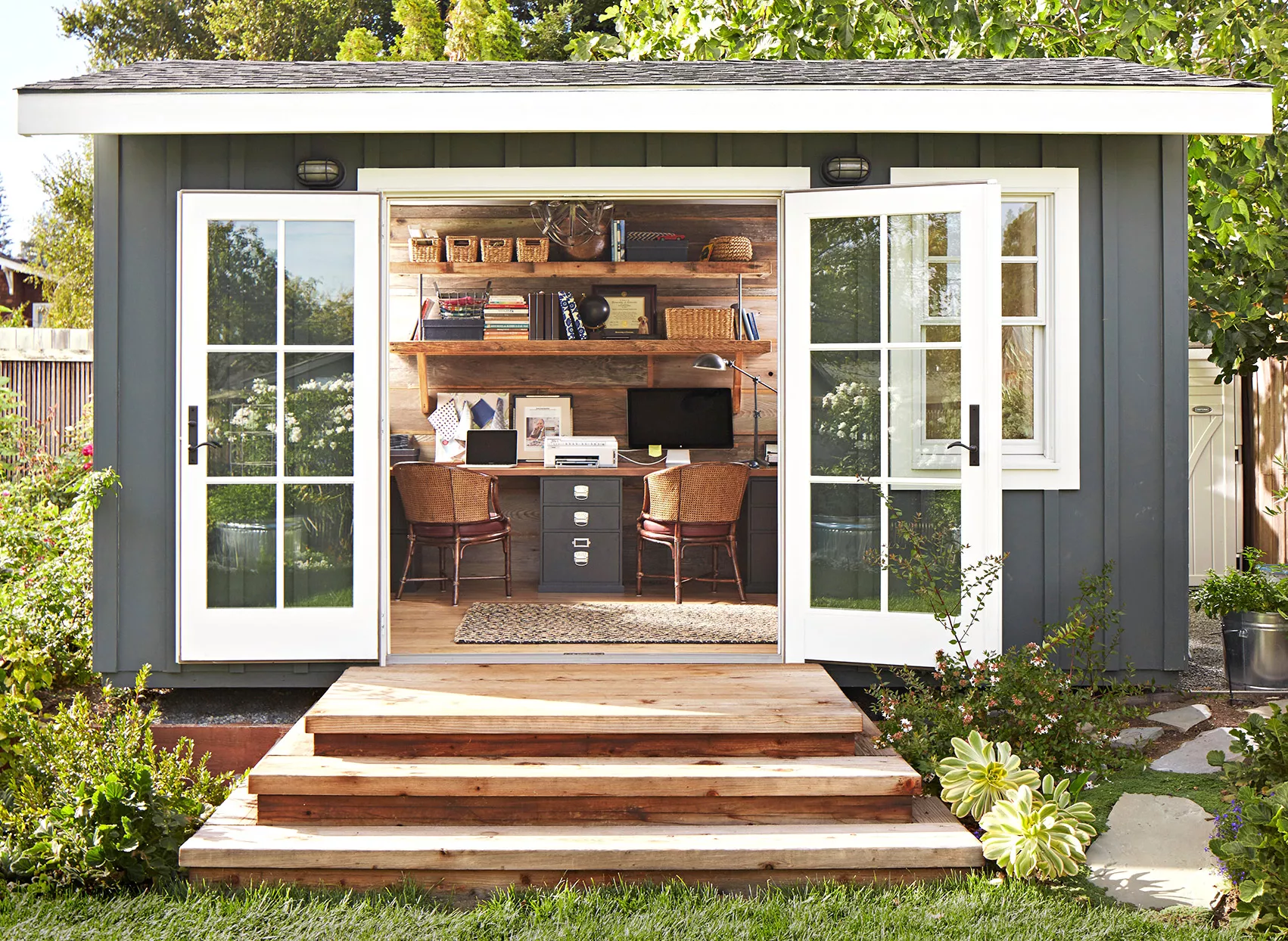 rustic home office inside gray modern shed wood detail steps