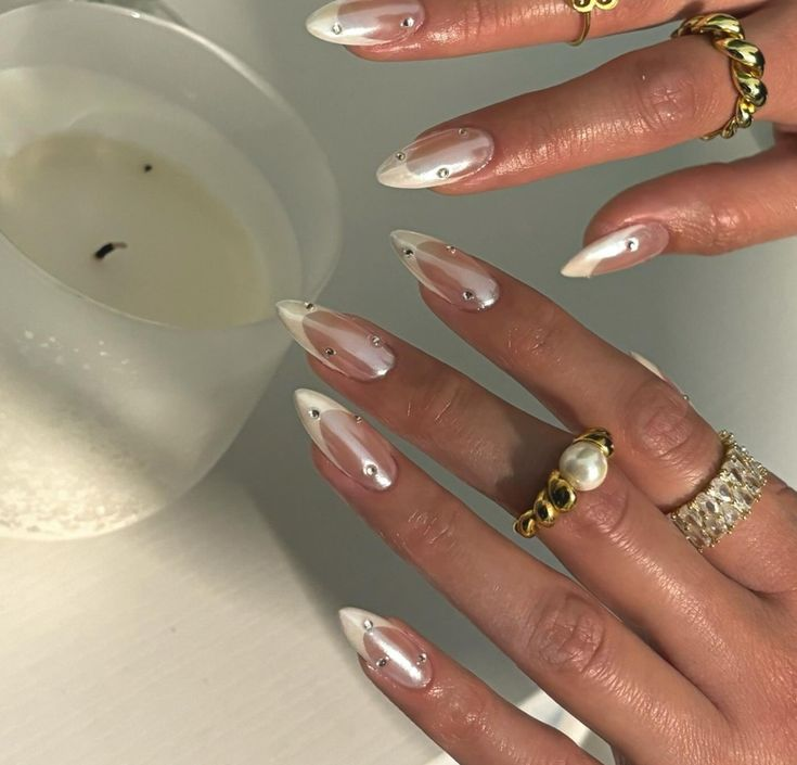 French Tips Mob Wife Nails: White French Tips with Pearls