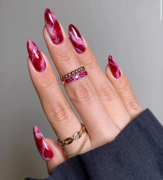 Hot Pink and Ruby Marble Almond Nails