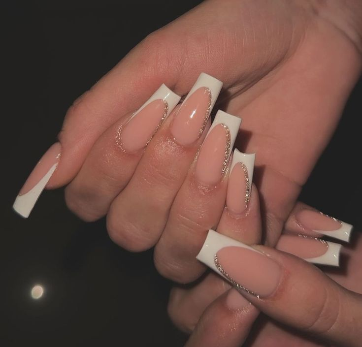 White French Tip Nails with Gold Glitters