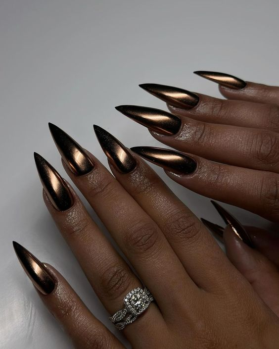 Dark Chrome Stiletto Nails