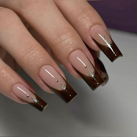 Brown French Tips with Silver Accents