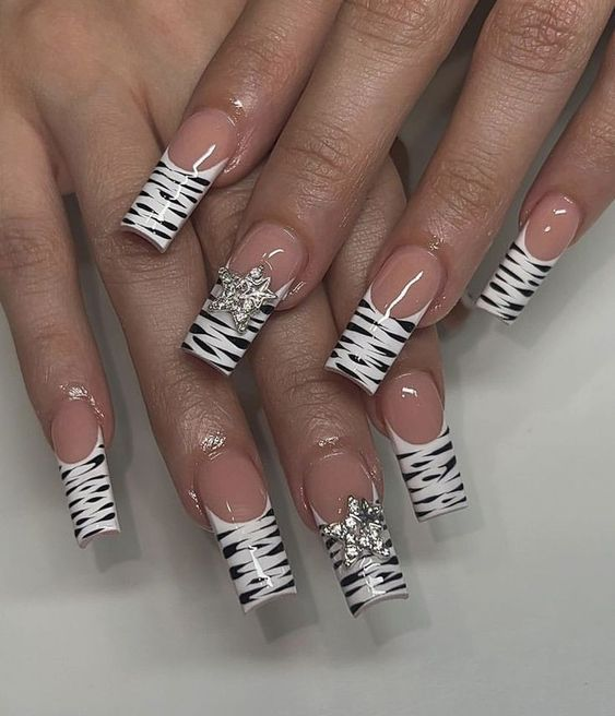 Zebra Nails with Silver Star in Square Nails