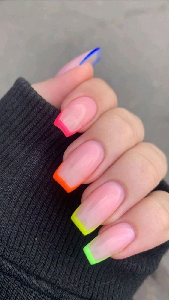 multi-colored neon french tip nails