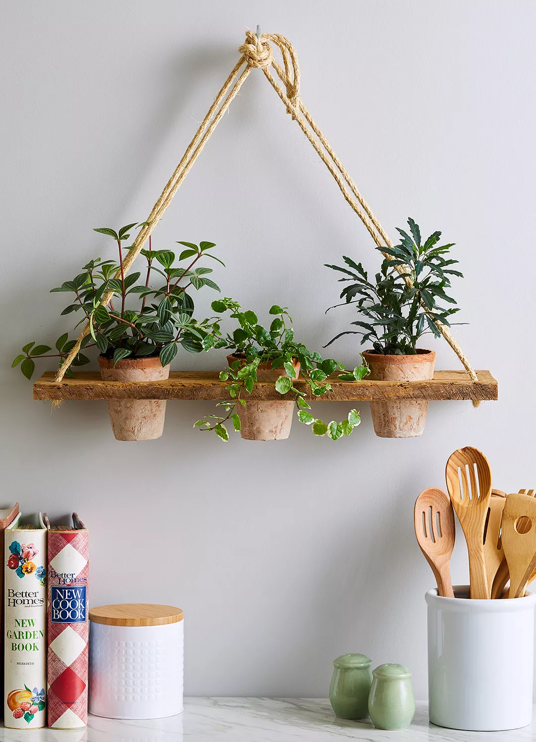 finished hanging planter rope shelf