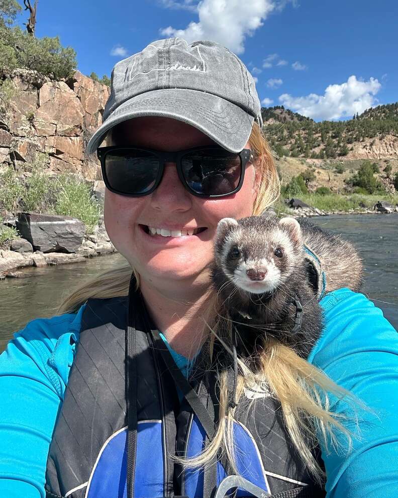Ferret sitting on hiker's shoulder