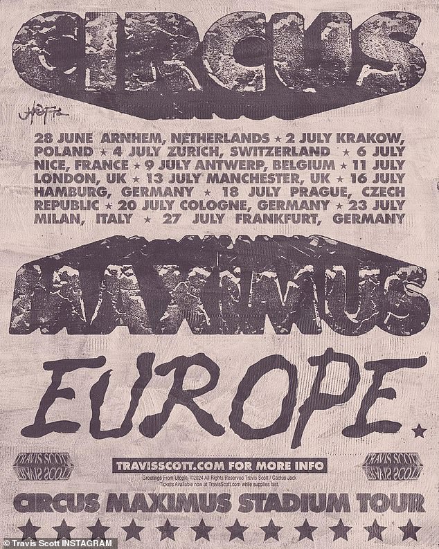 Shortly before his recent appearances at Cannes and Monaco, Travis announced 2024 European and UK dates for his Utopia: Circus Maximus tour - which will include a total of 12 dates