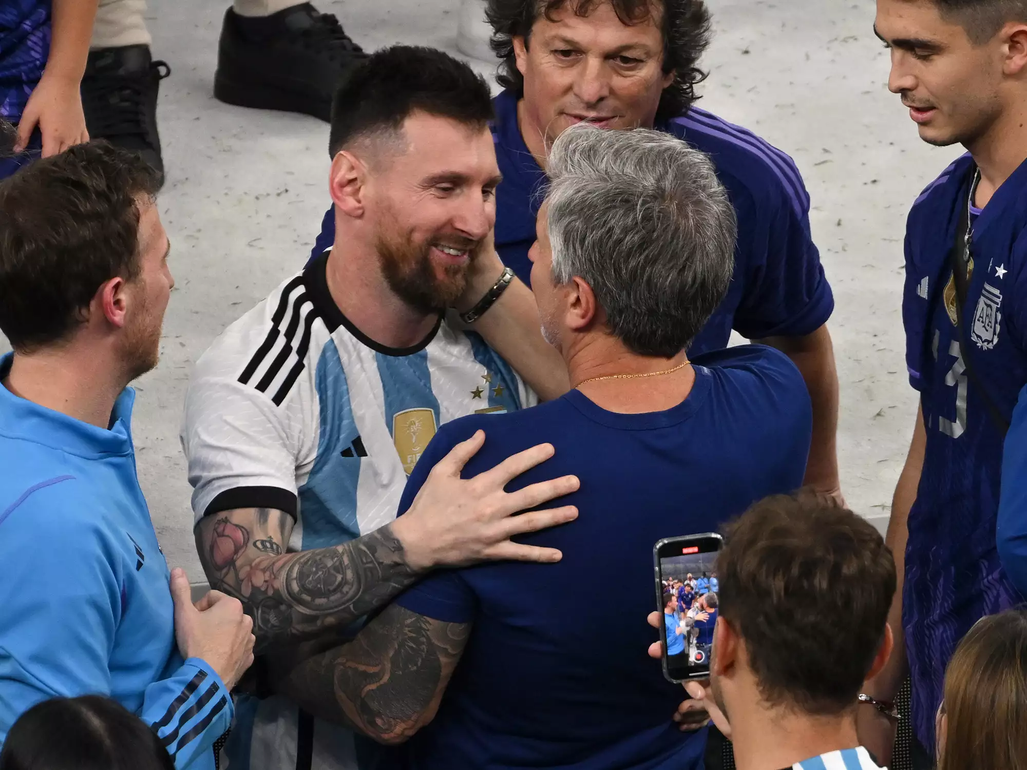 Lionel Messi with his father Jorge Messi after the award ceremony at the 2022 World Cup on December 18, 2022.