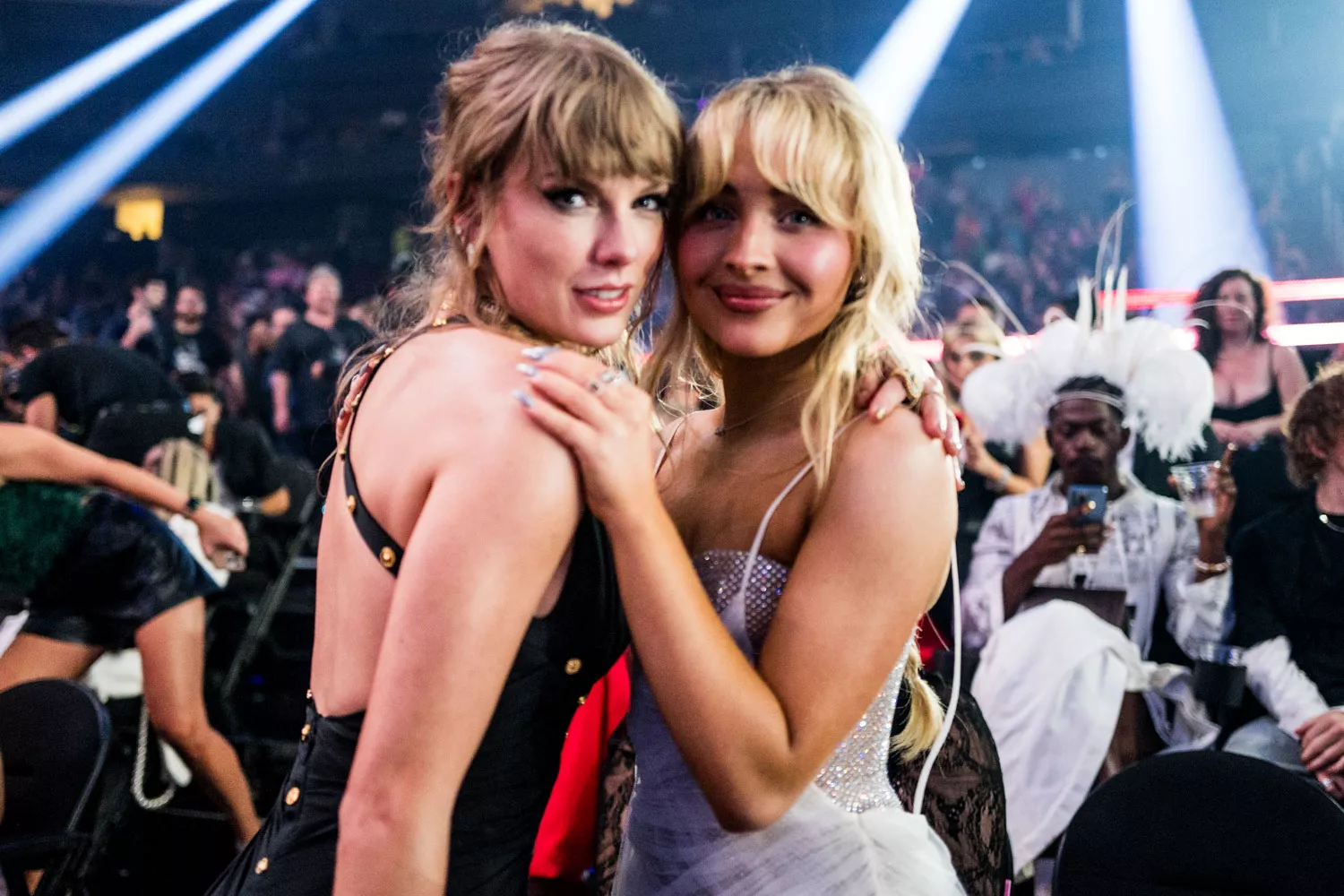 Taylor Swift and Sabrina Carpenter attend the 2023 Video Music Awards at Prudential Center on September 12, 2023 